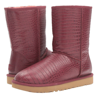 Red Women Embossed Plaid Pattern Ankle Fur Genuine Leather Snow Boots Winter Boots