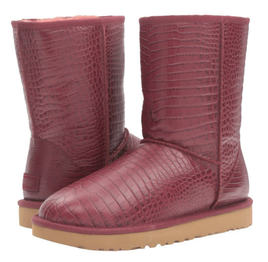 Red Women Embossed Plaid Pattern Ankle Fur Genuine Leather Snow Boots Winter Boots