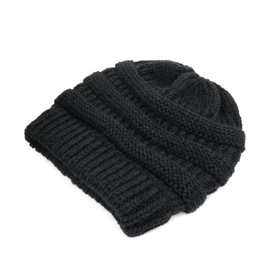 Acrylic Outdoor Winter Warm Stretch Cable Knitted Ponytail Beanie Hat