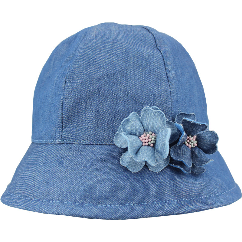 100% Cotton Custom Jean Bucket Girls' Hat with Flower Detailing