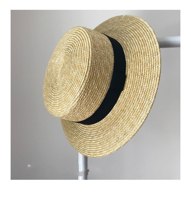 Lady Summer Panama Flat Top Straw Boater Hat with Ribbon