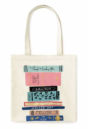 100% Cotton Simple New York Canvas Book Tote Bag Printed with Multicolored Stack of Books