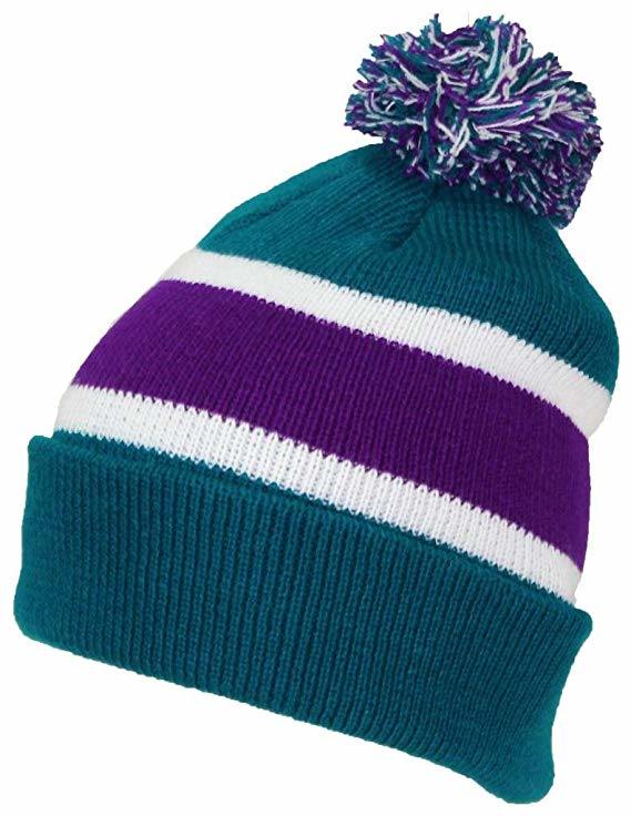Acrylic Rugby Knit Striped Cuff Slouch Double-Layer Beanie Hat with POM POM