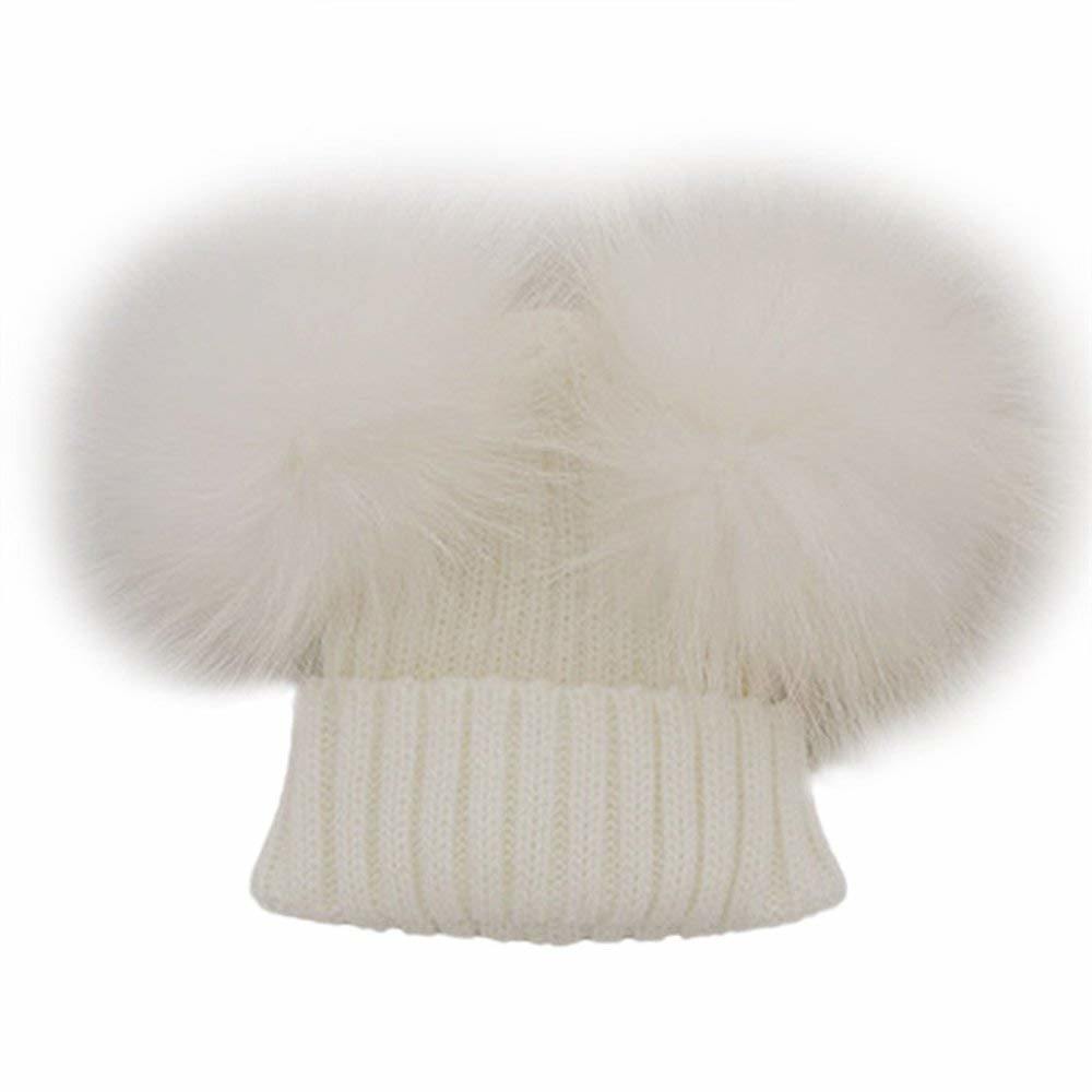 Toddler Beanie Knitted Fur Raccoon Hat with Double Big Ball Pompom for Baby Children