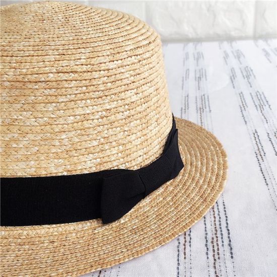 Lady Summer Panama Flat Top Straw Boater Hat with Ribbon