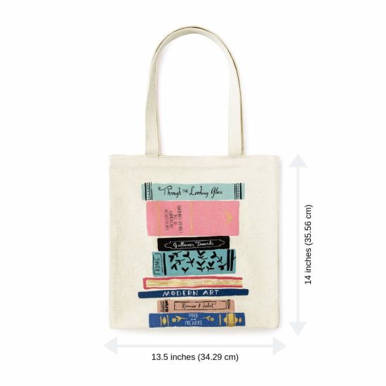 100% Cotton Simple New York Canvas Book Tote Bag Printed with Multicolored Stack of Books
