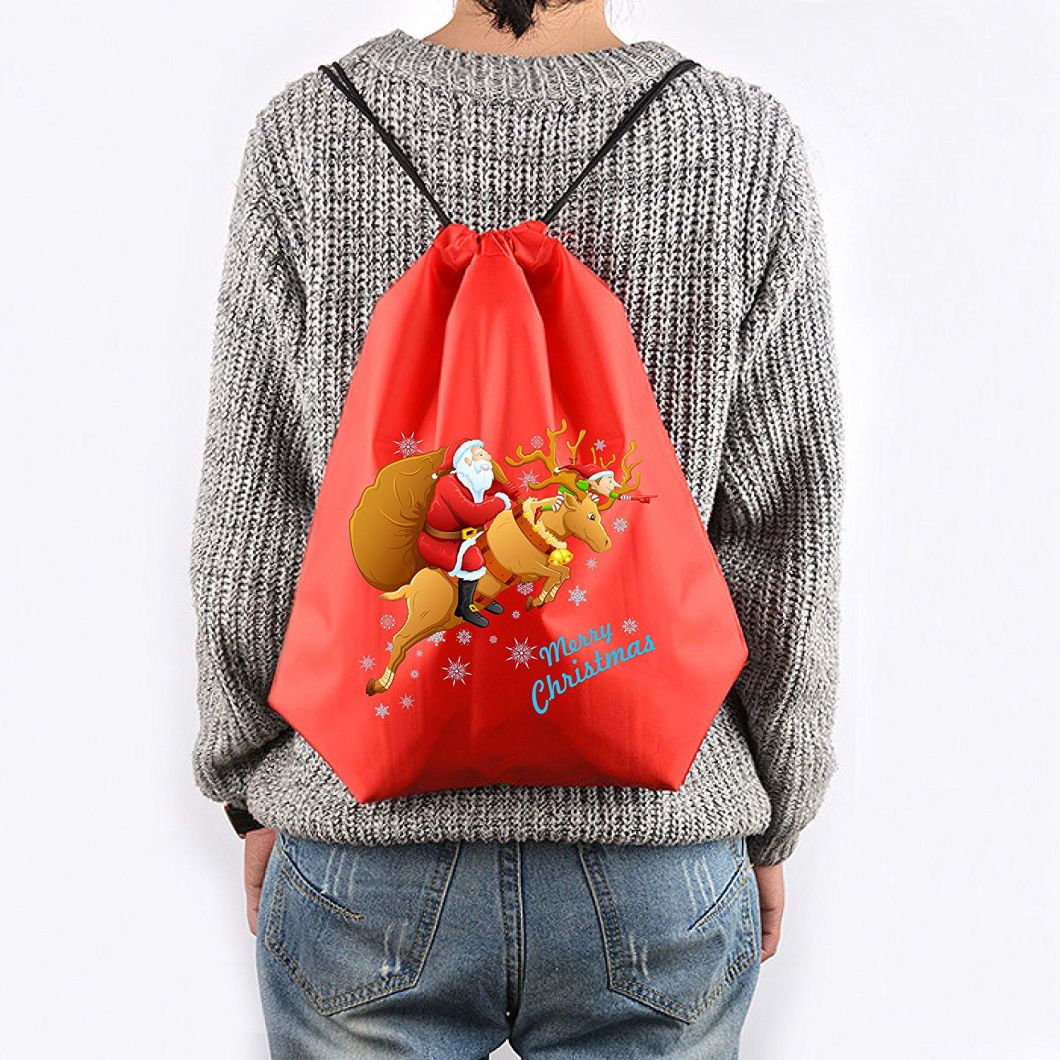 Wholesale Nylon Durable Printing Folding Christmas Drawstring Bag Santa Gifts Sack Backpack