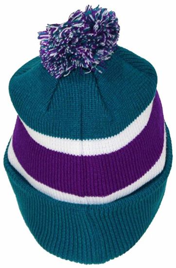 Acrylic Rugby Knit Striped Cuff Slouch Double-Layer Beanie Hat with POM POM