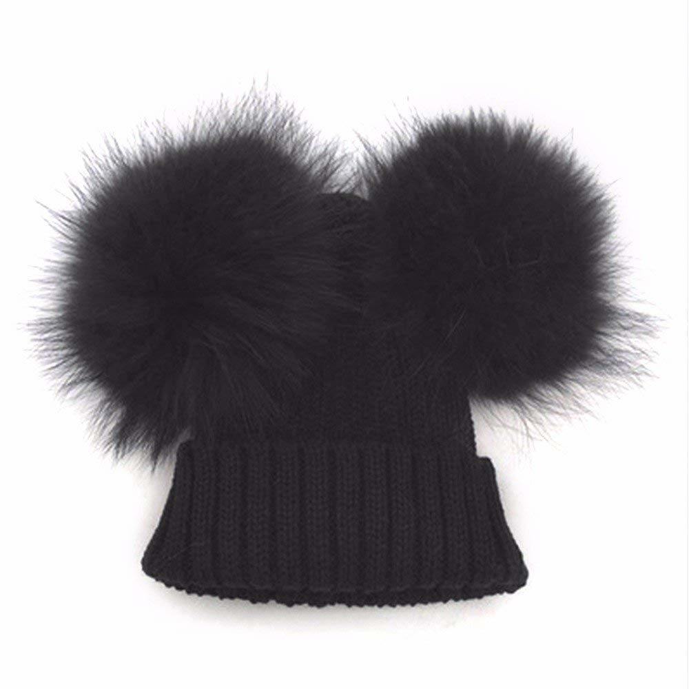 Toddler Beanie Knitted Fur Raccoon Hat with Double Big Ball Pompom for Baby Children