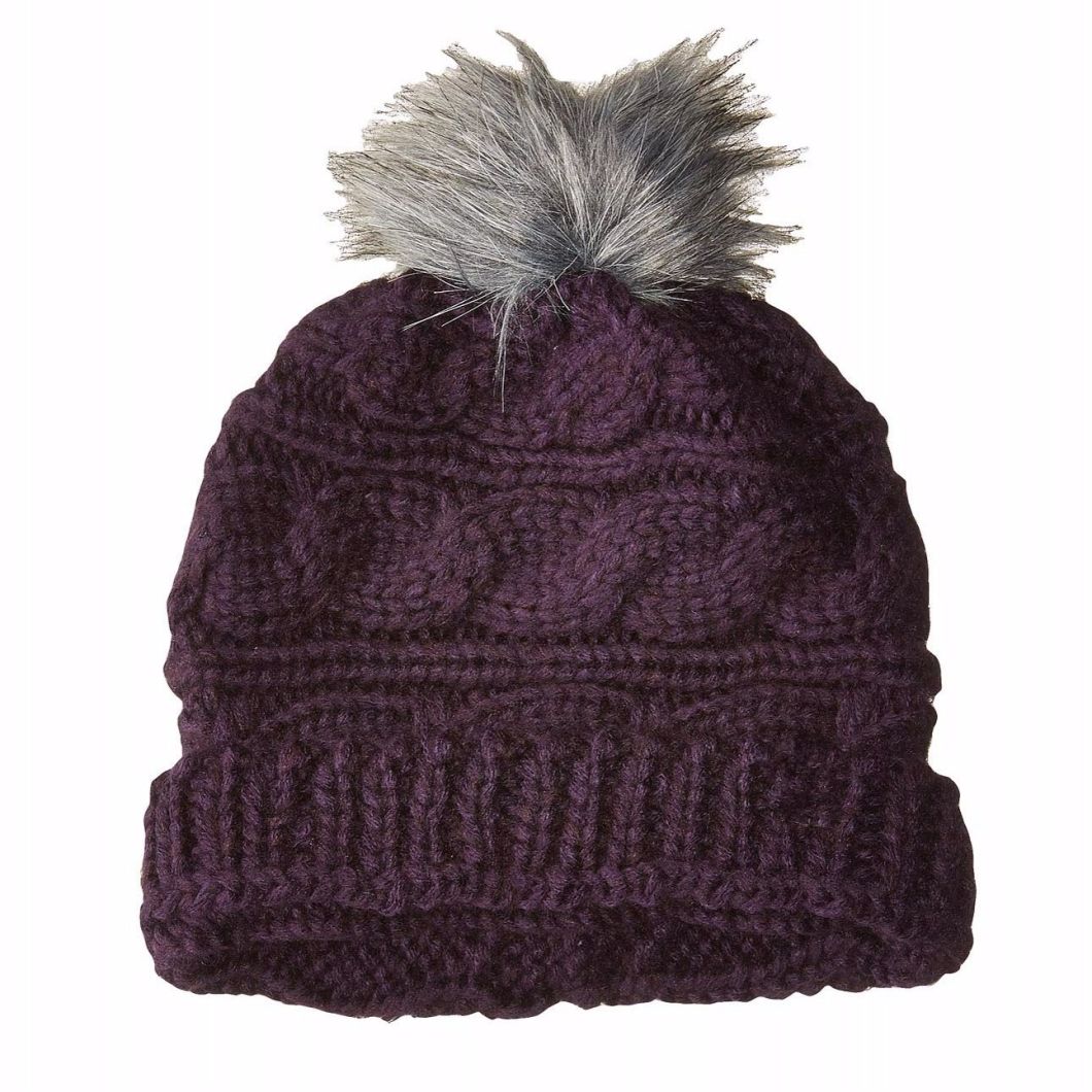 100% Acrylic Winter Warm Ribbed Edge Beanie Knitted Slouchy Pompoms Fur Hat