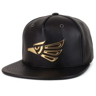 Adjustable 5-Panel Gold Metal 3D High Frequency Logo PU Leather Snapback Cap Embroidered
