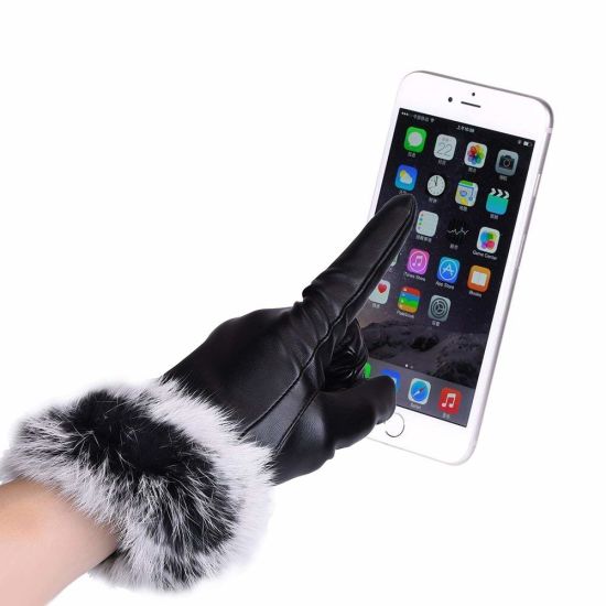 Custom PU Leather Touchscreen Windproof Waterproof Women Rabbit Fur Gloves