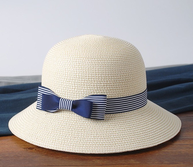 Custom Lady Plain Summer Women Straw Hat with Ribbon Bowknot