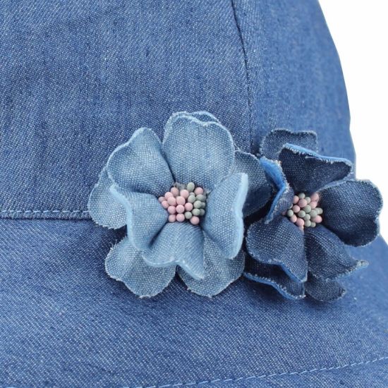 100% Cotton Custom Jean Bucket Girls′ Hat with Flower Detailing