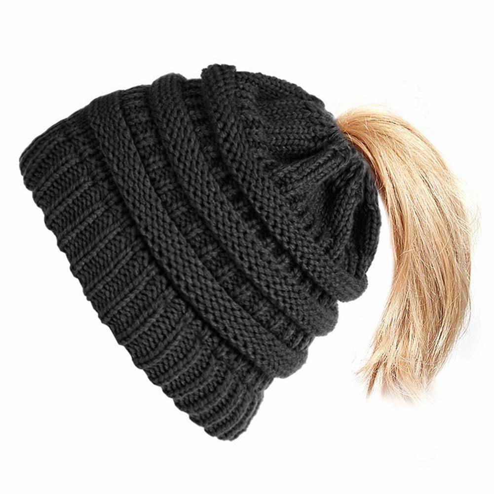 Acrylic Outdoor Winter Warm Stretch Cable Knitted Ponytail Beanie Hat