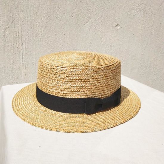 Lady Summer Panama Flat Top Straw Boater Hat with Ribbon