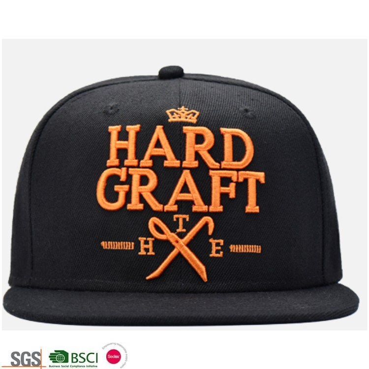 Wholesale Custom 100% Cotton 6-Panel Black 3D Embroidered Snapback