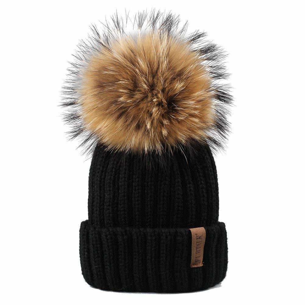 Winter Real Raccoon Fur POM Warm Knit Beanie Hat Pompom
