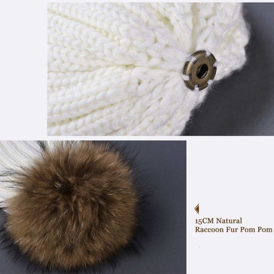 Winter Real Raccoon Fur POM Warm Knit Beanie Hat Pompom