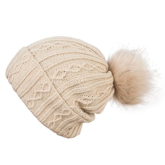 Womens Cable Beanie Winter Warm Chunky Soft Hats Knit Faux Fur POM POM Hat