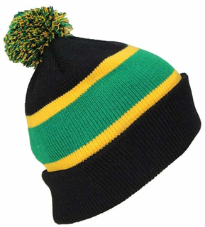 Acrylic Rugby Knit Striped Cuff Slouch Double-Layer Beanie Hat with POM POM