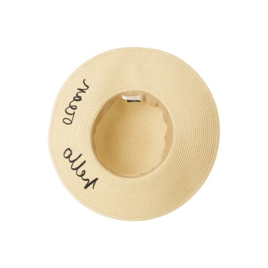Paper Women Straw Hat with Embroidered Word Detailing Adorns Brim