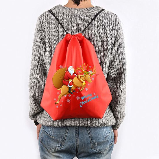 Wholesale Nylon Durable Printing Folding Christmas Drawstring Bag Santa Gifts Sack Backpack