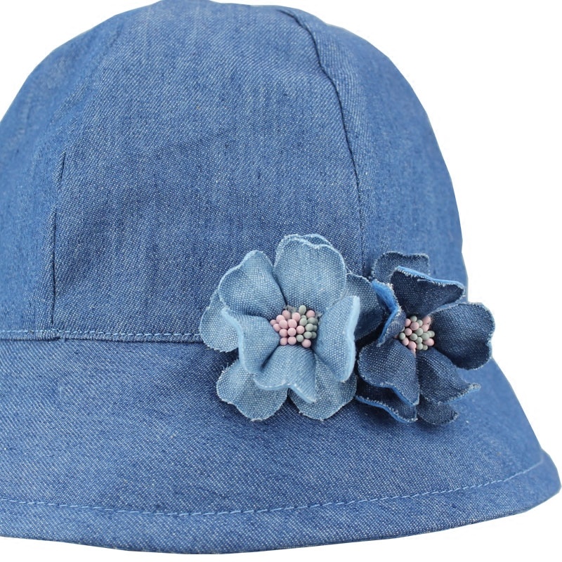 100% Cotton Custom Jean Bucket Girls' Hat with Flower Detailing