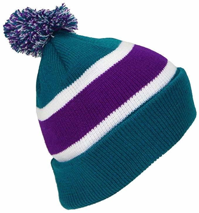 Acrylic Rugby Knit Striped Cuff Slouch Double-Layer Beanie Hat with POM POM