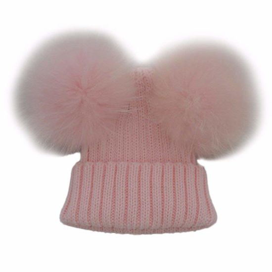 Toddler Beanie Knitted Fur Raccoon Hat with Double Big Ball Pompom for Baby Children