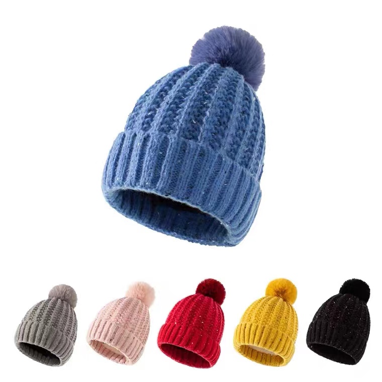 Winter Warm Acrylic Striped Beanie Knitted POM POM Hat Baby