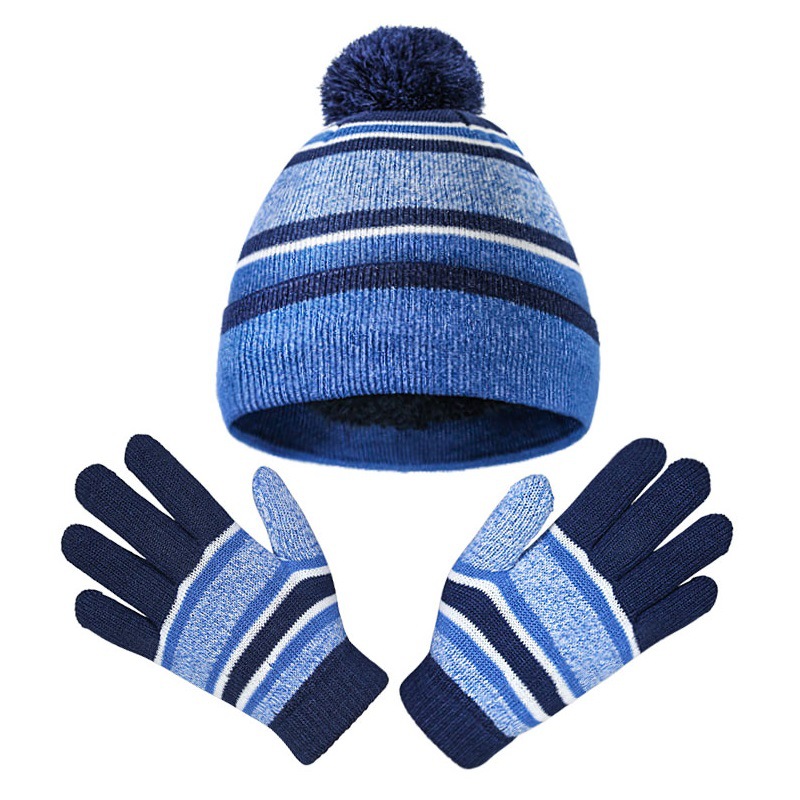 Acrylic Winter Unisex Warm Striped Beanie Knitted Hat Glove Sets
