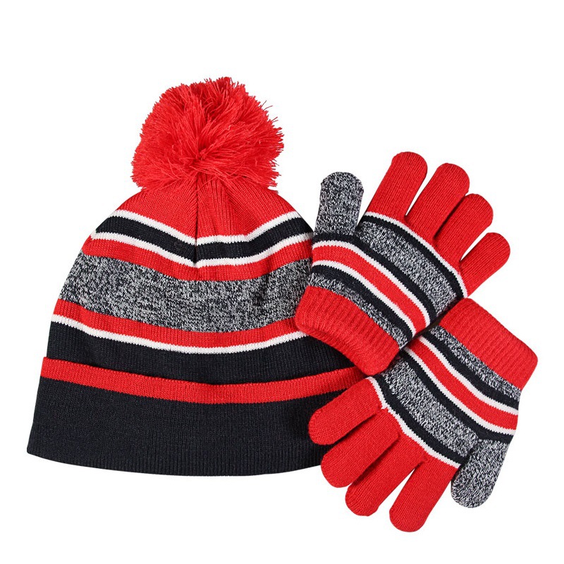 Acrylic Winter Unisex Warm Striped Beanie Knitted Hat Glove Sets