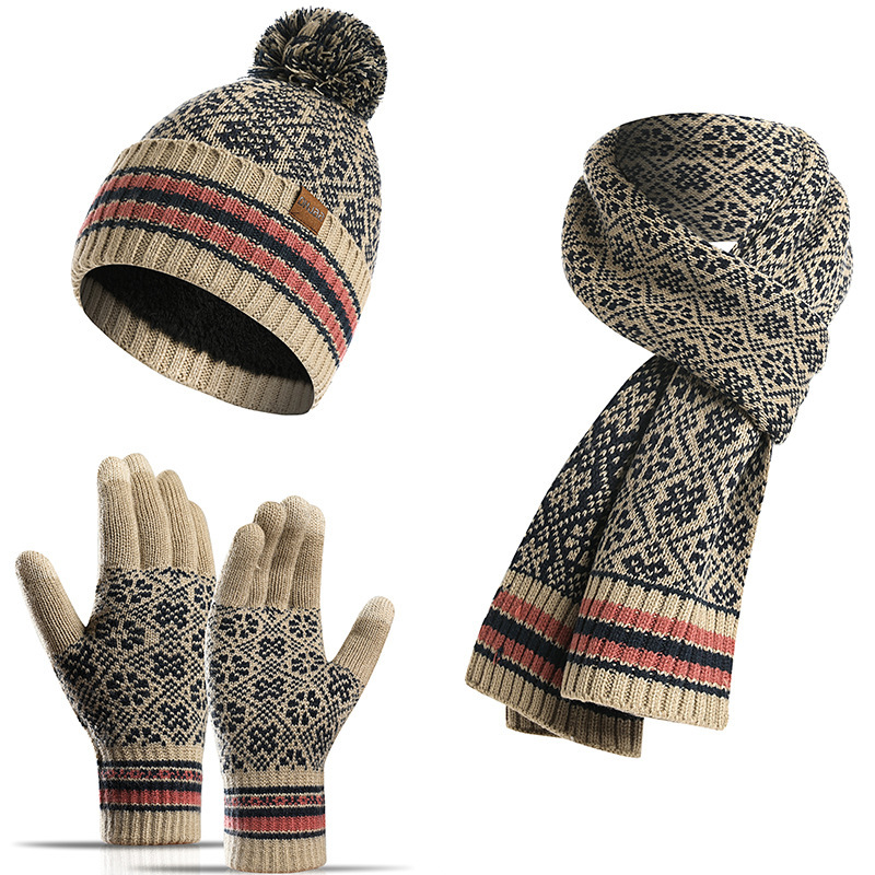 Acrylic Winter Unisex Warm Striped Beanie Knitted Hat Glove Sets