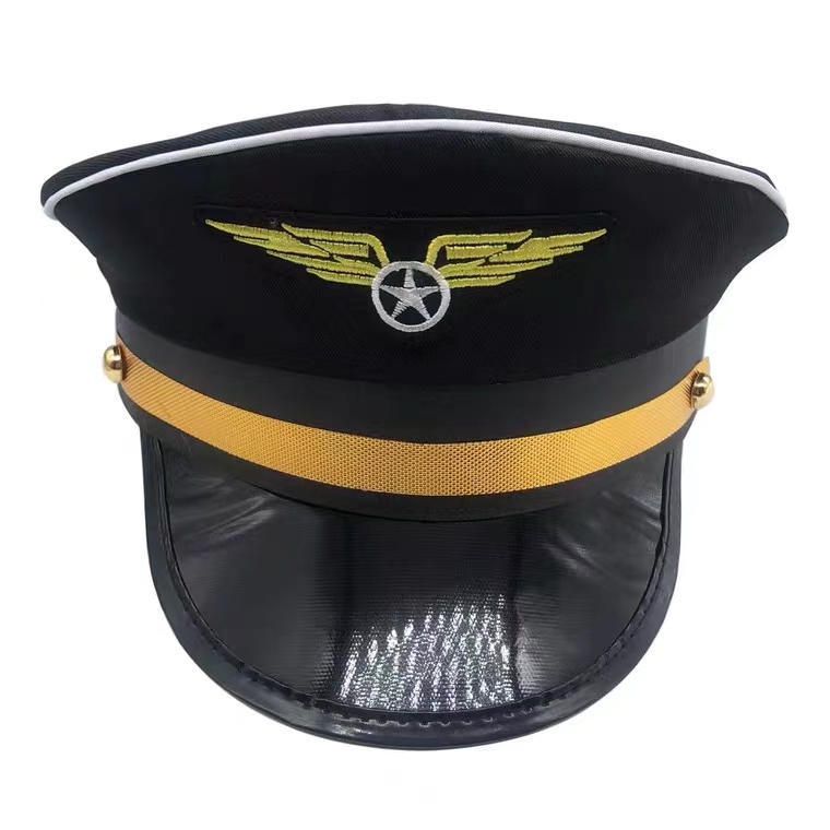 Cotton Unisex Gold Band Embroidered Pilot Hat for Costume Uniform