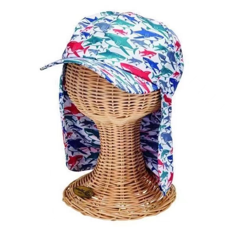 Attached Neck Cover Printed Hat and Cap with Curved Brim