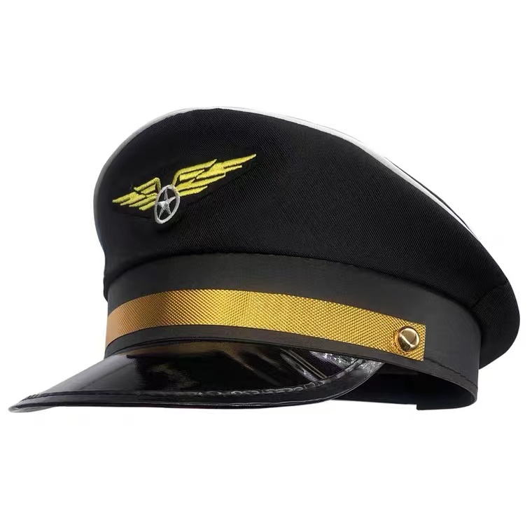 Cotton Unisex Gold Band Embroidered Pilot Hat for Costume Uniform